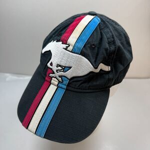 Vintage Ford Mustang Hat White Horse Tri-Bar Stripe Black Racing Adjustable OSFM